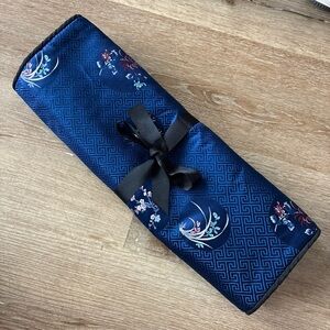 Jewelry Organizer Roll Travel Case Silk Fabric Blue Floral Portable